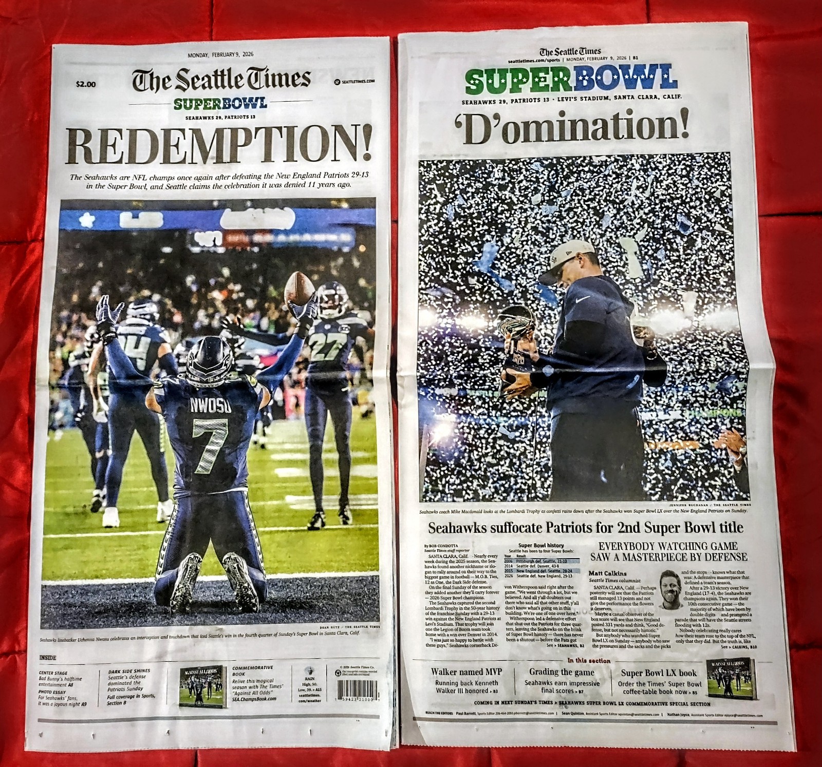 Seattle Seahawks (NFL) Superbowl LX 2026 Seattle Times Newspaper. Complete Mint.