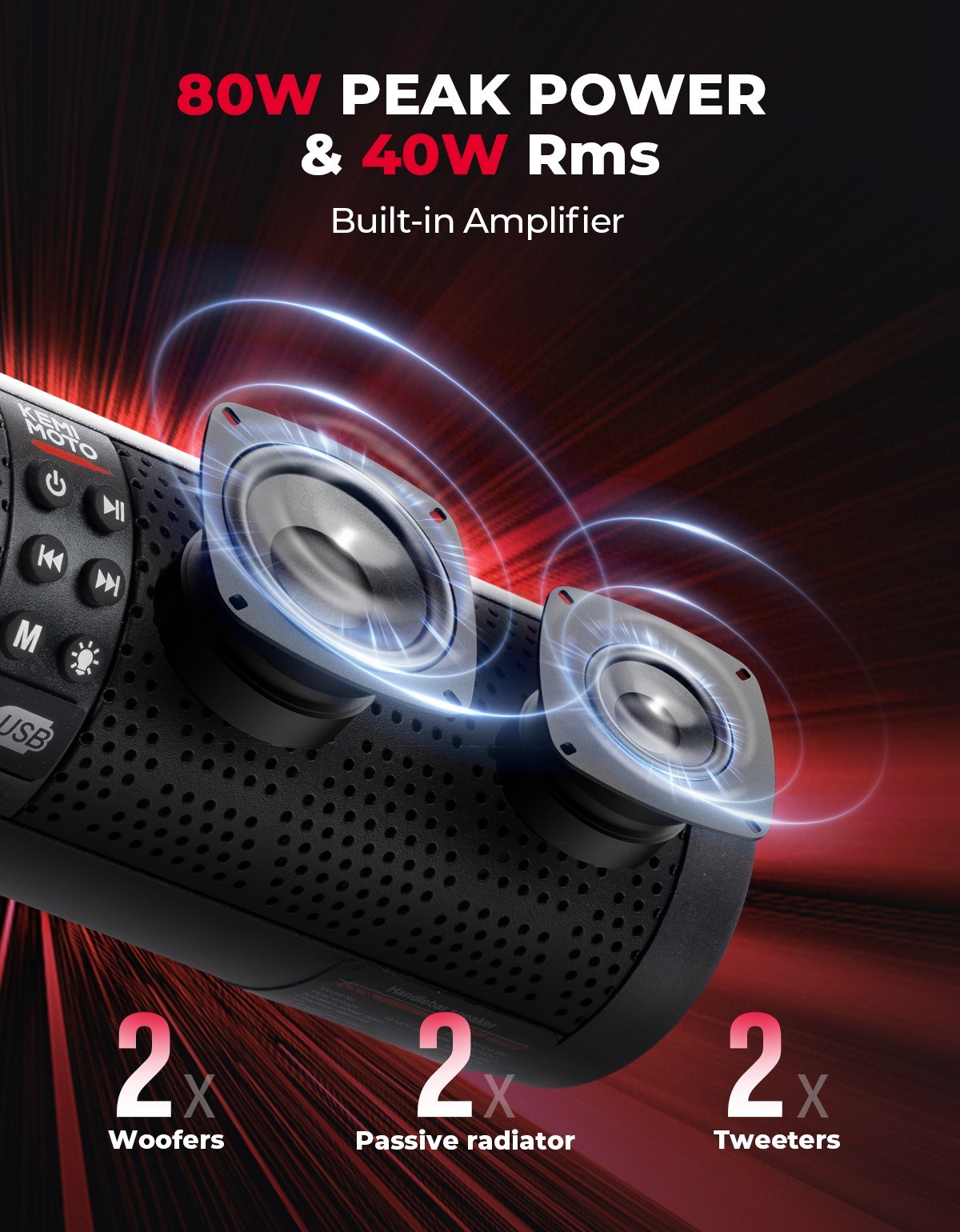 4-Speaker Motorcycle Sound Bar Bluetooth USB Audio System for 7/8-1.2" Handlebar