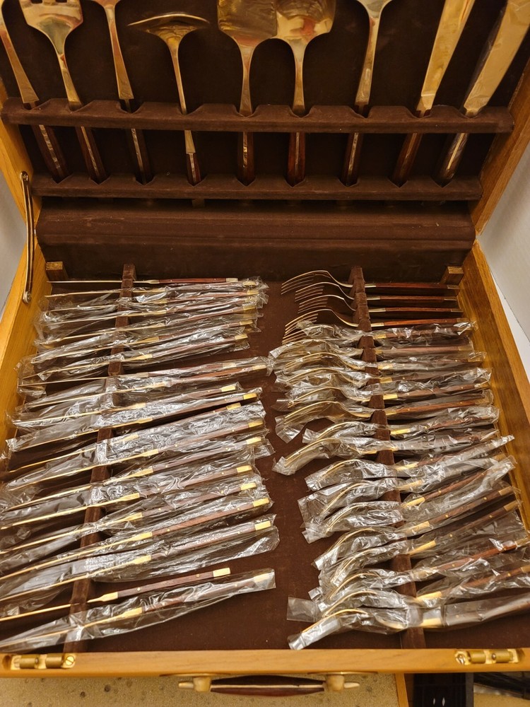 91 Piece Jean-Claude Rosewood & Bronze Complete Flatware & Servingware Set