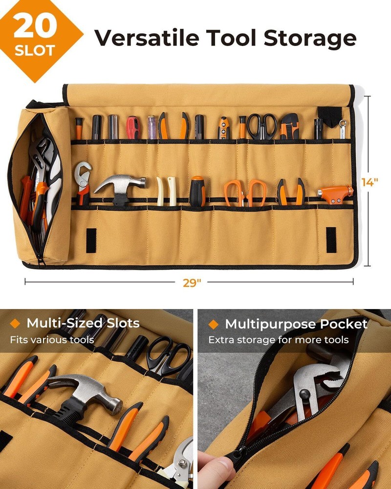 Heavy Duty Tool Roll Bag 20+ Pockets Organizer Brown Roll-Up Tool Pouch