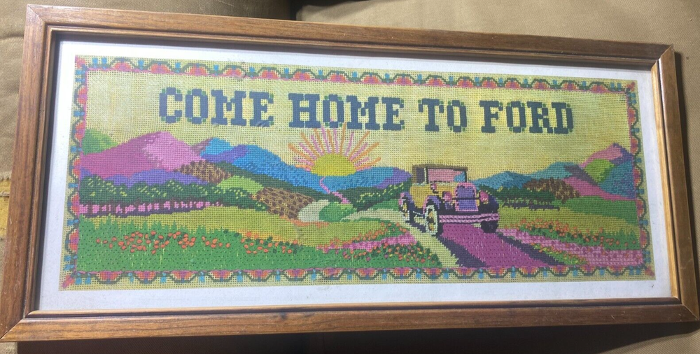 Vintage Needlepoint "Come Home To Ford" - Framed
