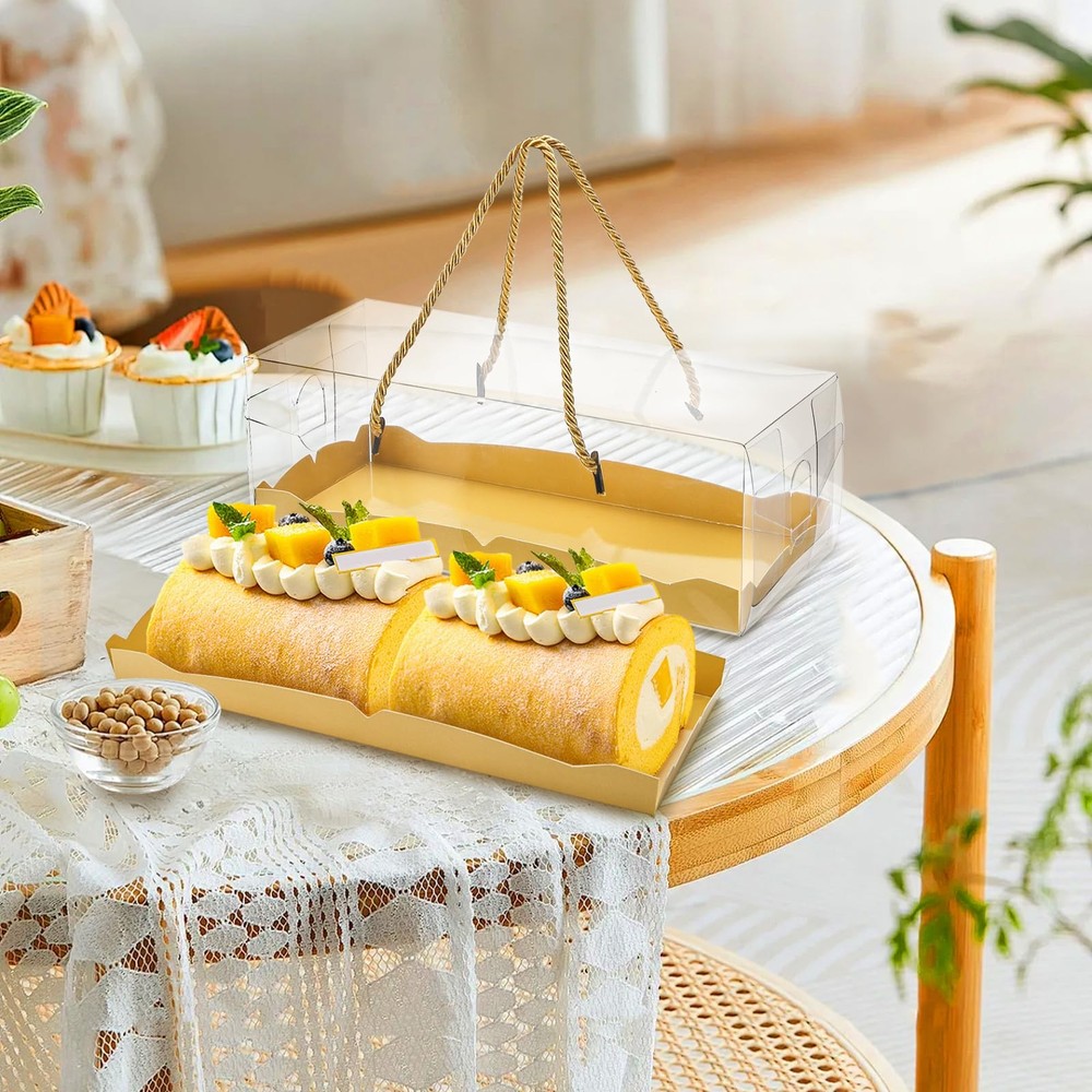 20 Pack Clear Roll Cake Boxes with Portable Handles, Rectangle Bakery Cake Bo...