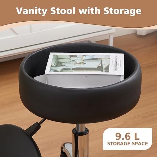 Adjustable Vanity Stool with Storage Rolling Vanity Chair Black With Wheels