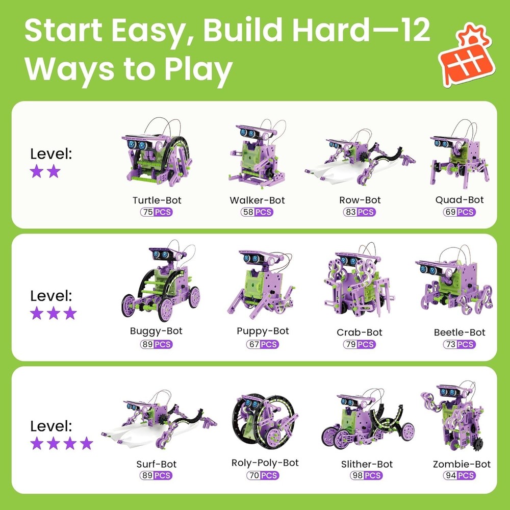 Solar Robot Creation Kit - 12 Buildable Models for Kids 8-14 - STEM Learning