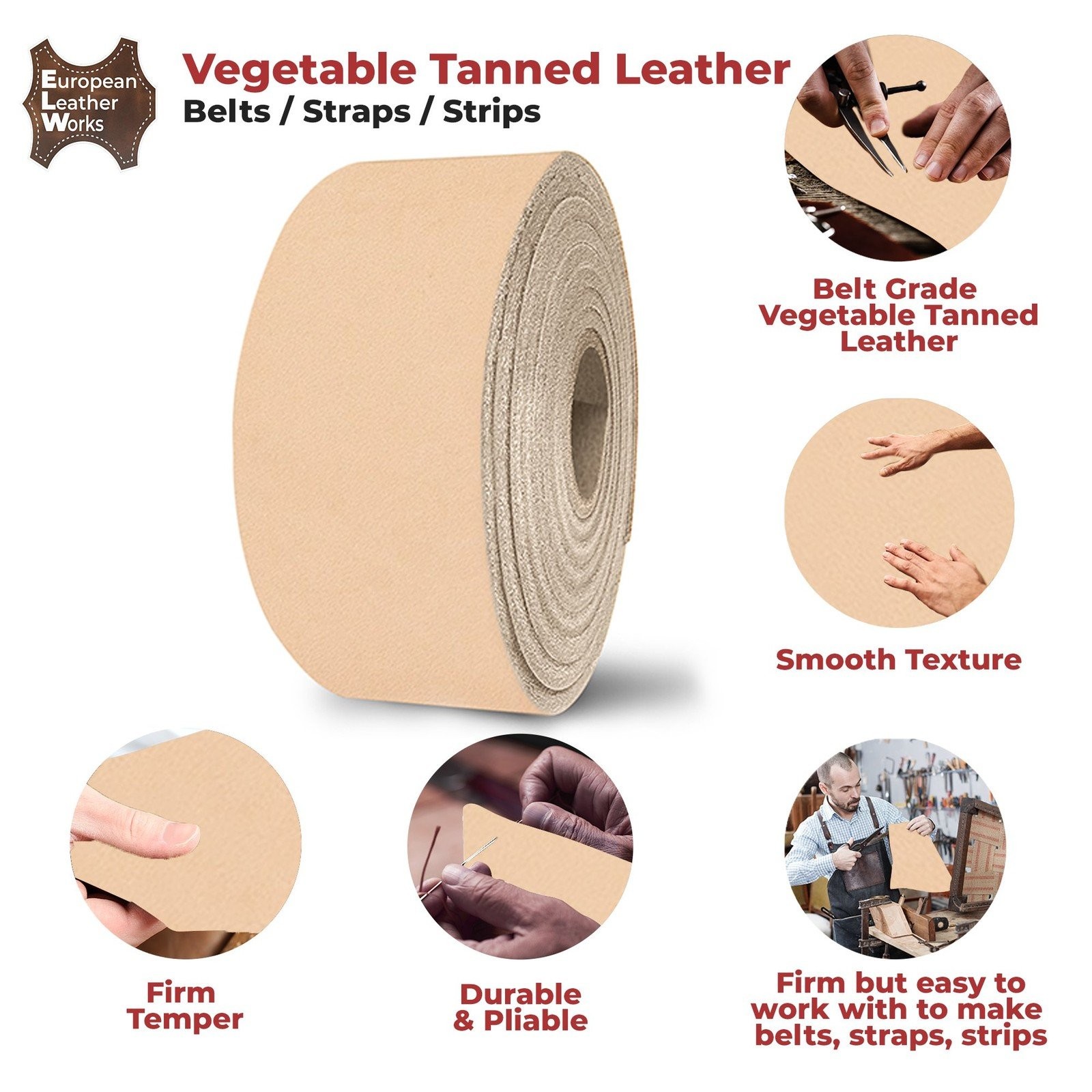 ELW Leather Blank Belt - 8-9 to 13-15 oz Thickness Cowhide Vegetable Tanned
