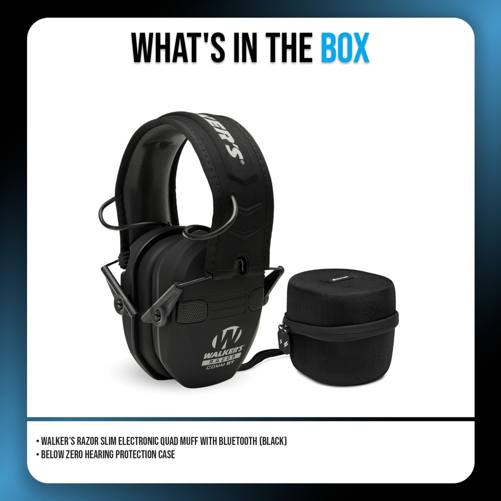 Walkers Razor Slim Electronic Bluetooth Quad Black Muff with Case Bundle