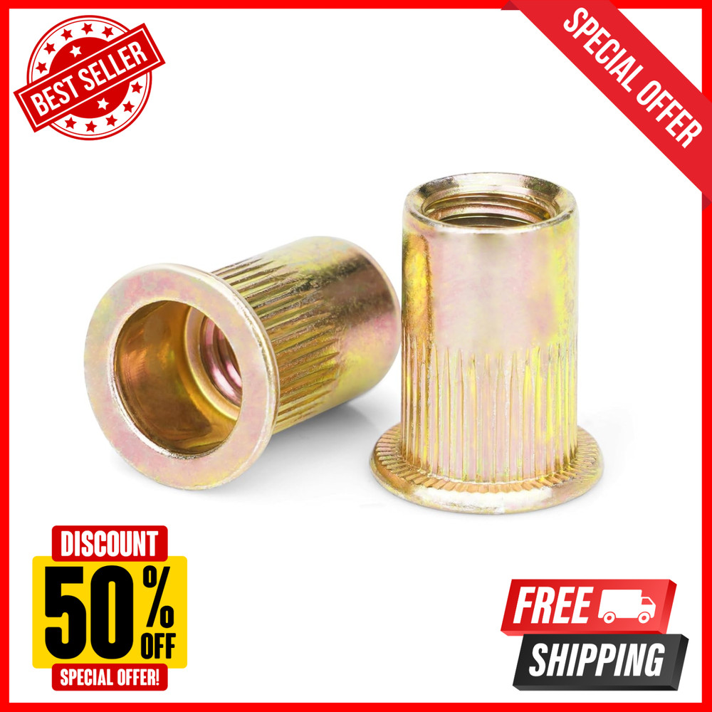 Rivet Nut, 100 Pieces 1/4-20UNC Carbon Steel Flat Head Rivnut Threaded Insert Nu