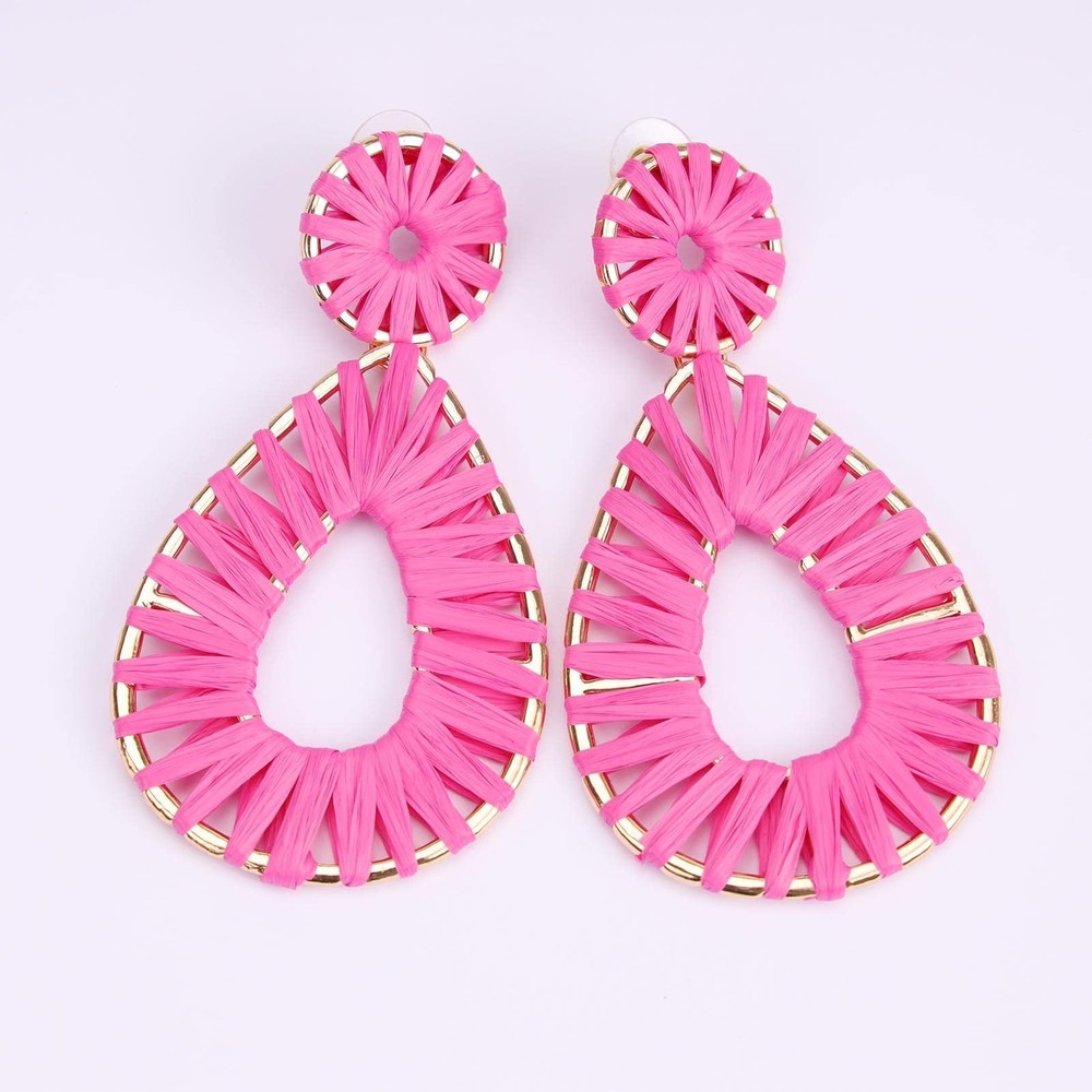 Raffia Teardrop Dangle Earrings Handmad Statement Drop Earrings Hot Pink