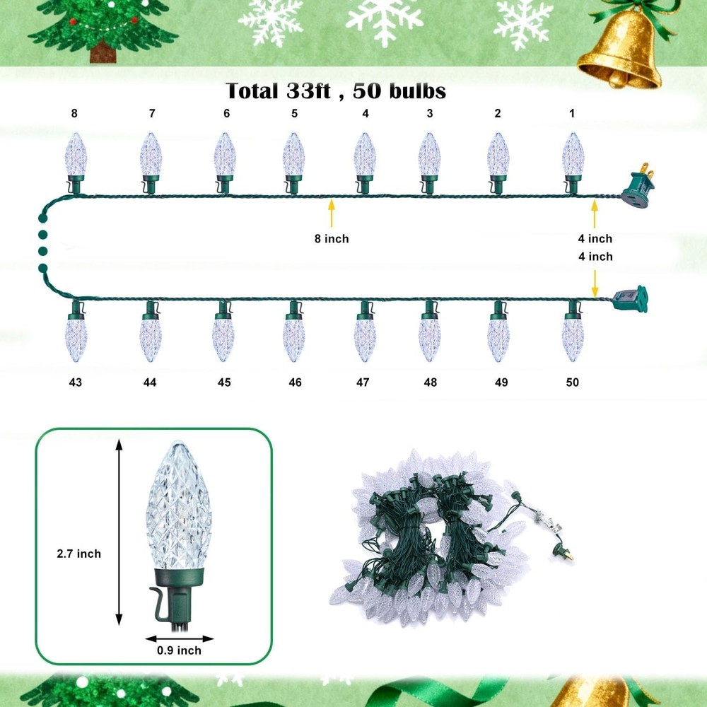 C9 LED Christmas String Lights, Quick Shingle Gutter Clips, 33 Ft End to End Con
