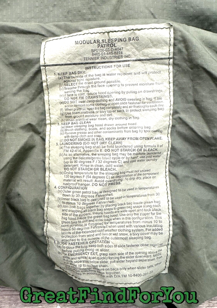 MILITARY ISSUE PATROL MODULAR SLEEPING BAG (MODULAR SLEEP SYSTEM MSS)