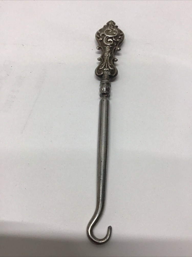 Antique 1904 Sterling Silver Handle Button Hook Scrolling Design