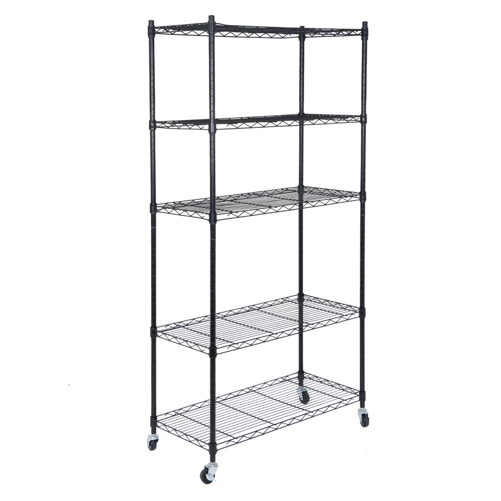 5 Layer Unit Wire Rack Storage Shelf Black Holder Kitchen Display with 4 Wheels