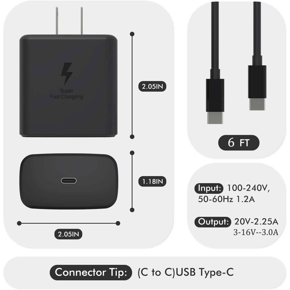 45W Universal Quick Charger Wall Adapter Type C Cable For Samsung Galaxy