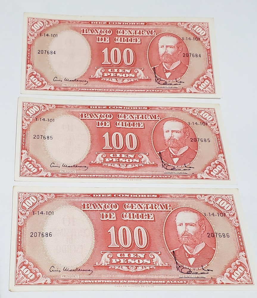 3 Consecutive Serial Numbers Chile 100 Pesos Old Banknote UNC
