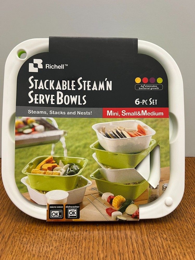 Richell Stackable Steam n Serve Bowls Colanders 6pc set NEW