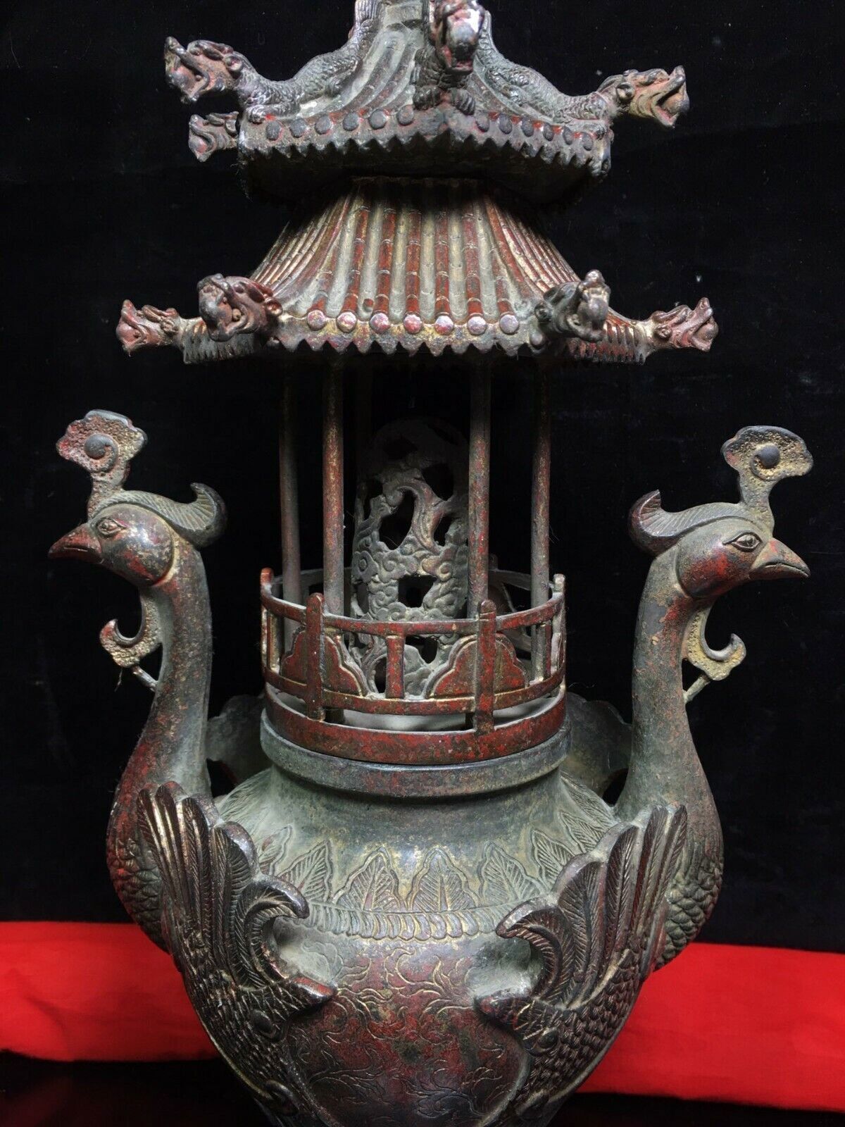 old Chinese Buddhist temple bronze Gilt Crane bird tower Incense Burner censer