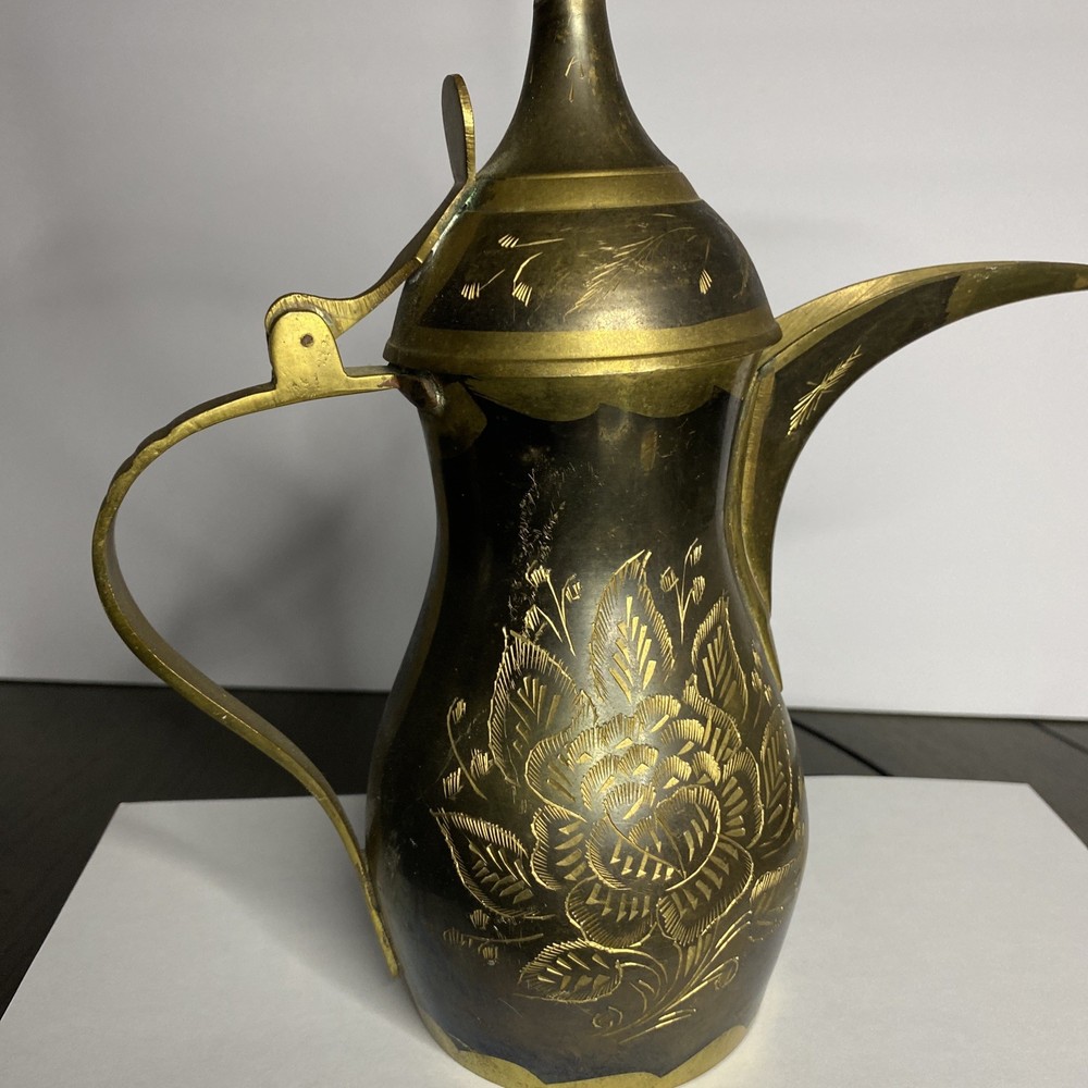 Vintage Solid BRASS DALLAH Etched with Floral Designs 11”Tall !