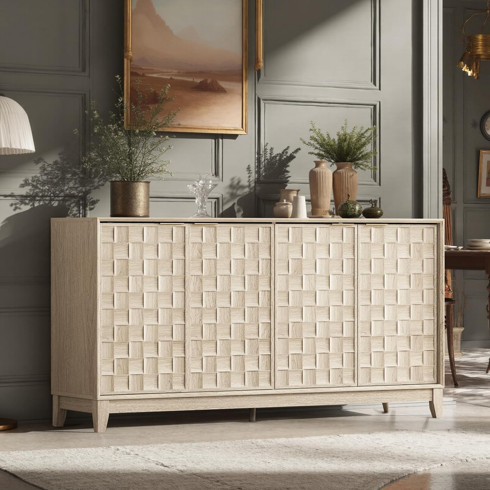 Fluted Sideboard Cabinet with Storage – Solid Wood Buffet for Dining Room, Crede