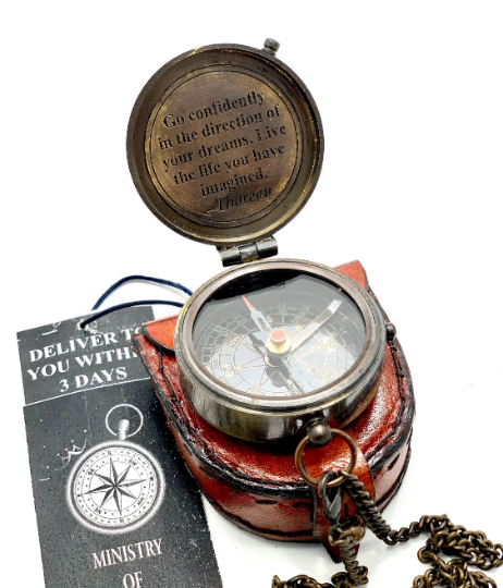ENGRAVED POCKET COMPASS & KEYCHAIN NAUTICAL HANDMADE COMPASS & LEATHER POUCH