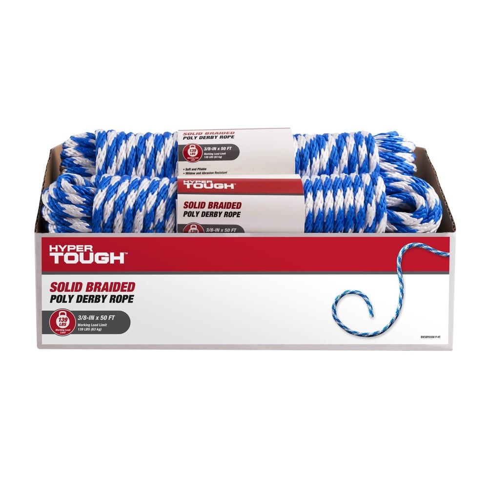 Polypropylene Solid Braid Rope, Blue and White, 3/8" x 50', 1 Each