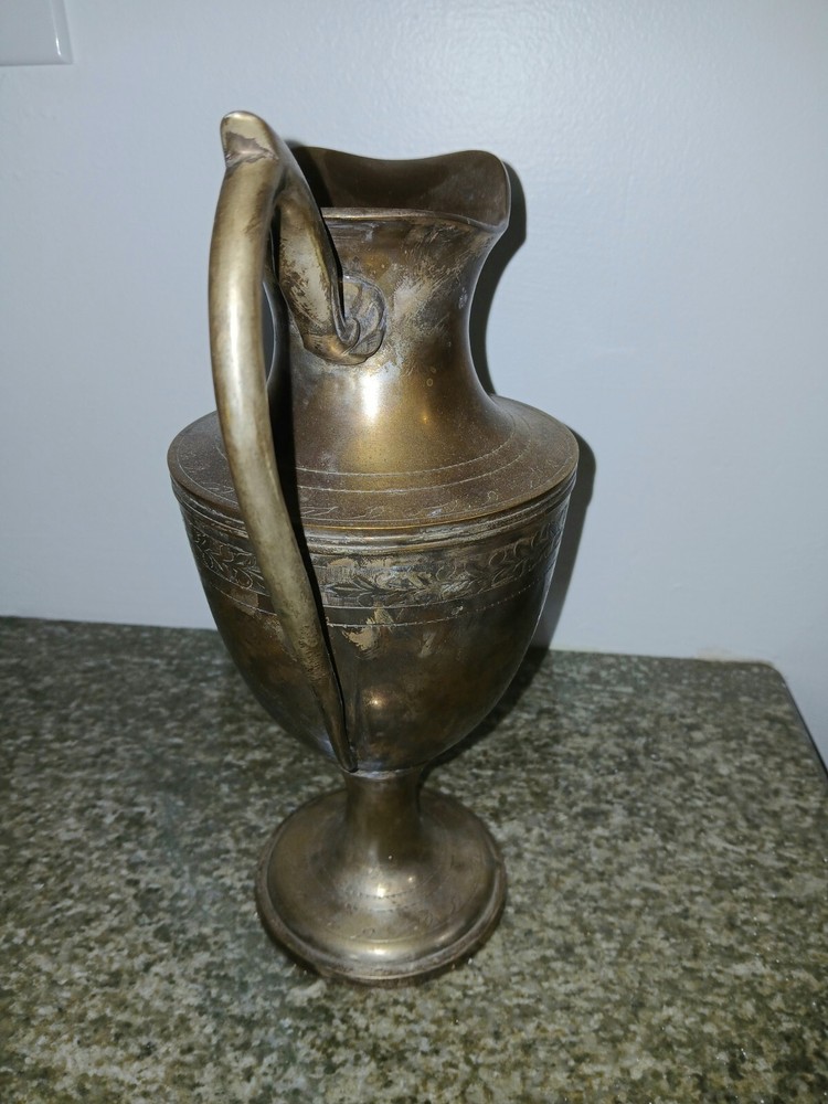 Vintage Distressed Scribed Silver Plate over Brass Pitcher