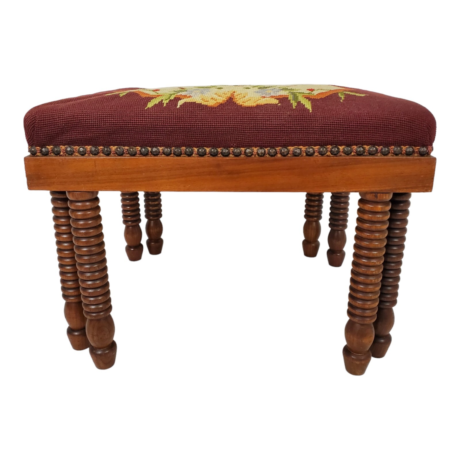 Antique Ottoman Footstool Needlepoint Top English Oak Bobbin Legs Granny Chic