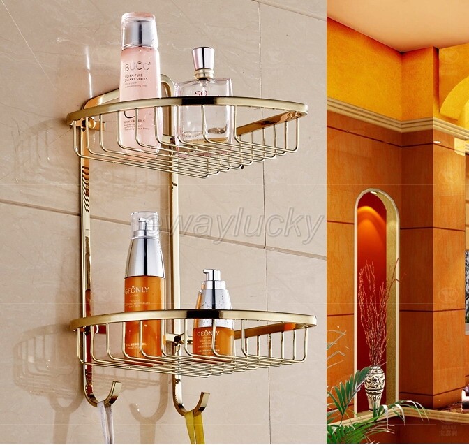 Gold Color Brass Corner Shower Caddy 2 Tier Bath Storage Shelf Rack Basket