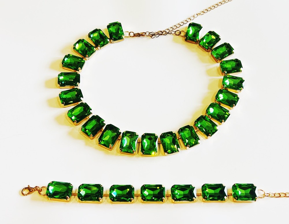 Green Rhinestone Necklace Bracelet Set