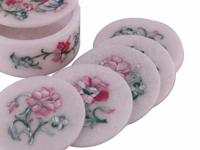 4.5" Round Marble Decorative Coaster Set Multi MOP Inlay Work Coffee Coaster Set