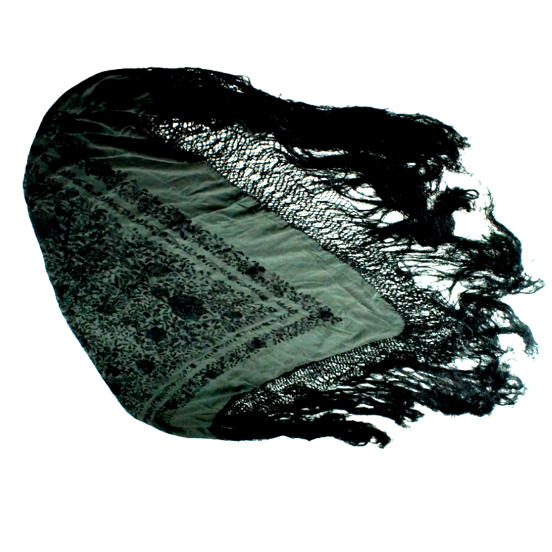 Antique Silk Shawl Wrap Piano Scarf HAND EMBROIDERED FLORAL WITH FRINGE 51"inch