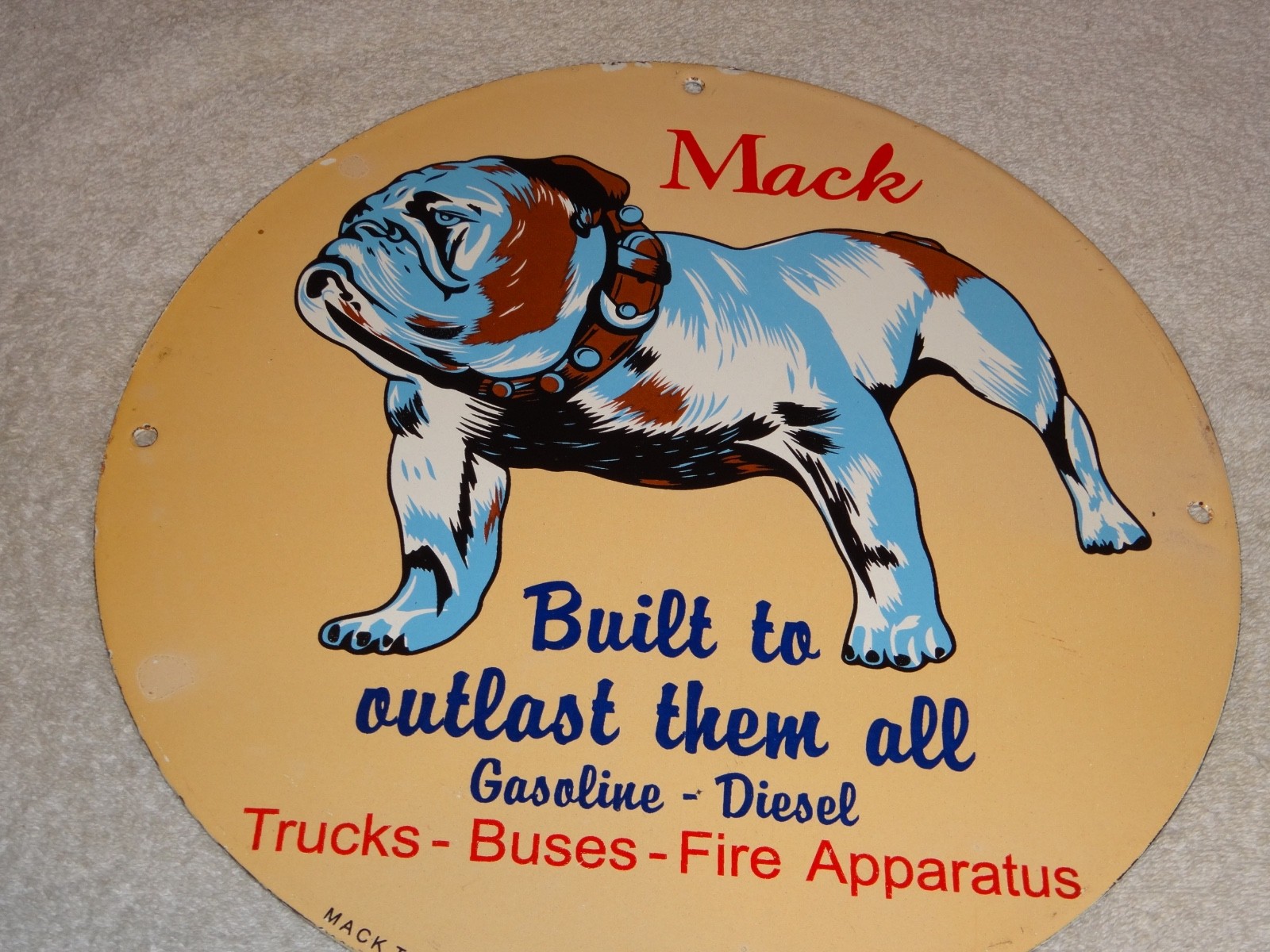 VINTAGE MACK🐶TRUCKS BUSES GASOLINE DIESEL 11 3/4" PORCELAIN METAL OIL DOG SIGN