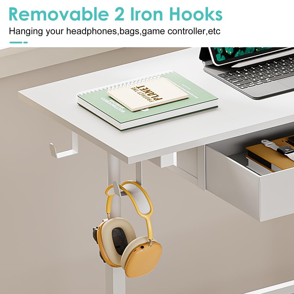 Small White Standing Computer Desk with Drawers,Height Adjustable Home Office Si