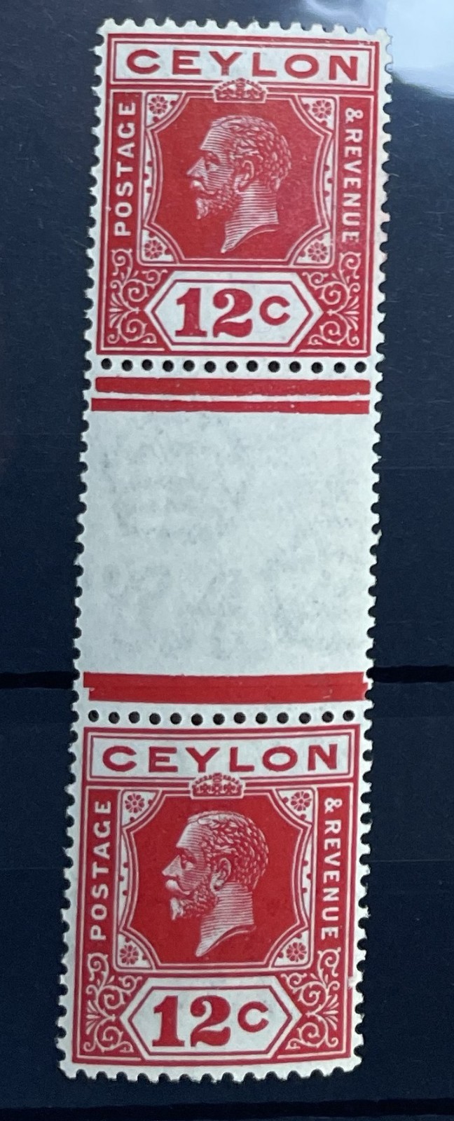 Ceylon 1921-32 12c Die I and II gutter pair never hinged mint, SG 347c cat £160