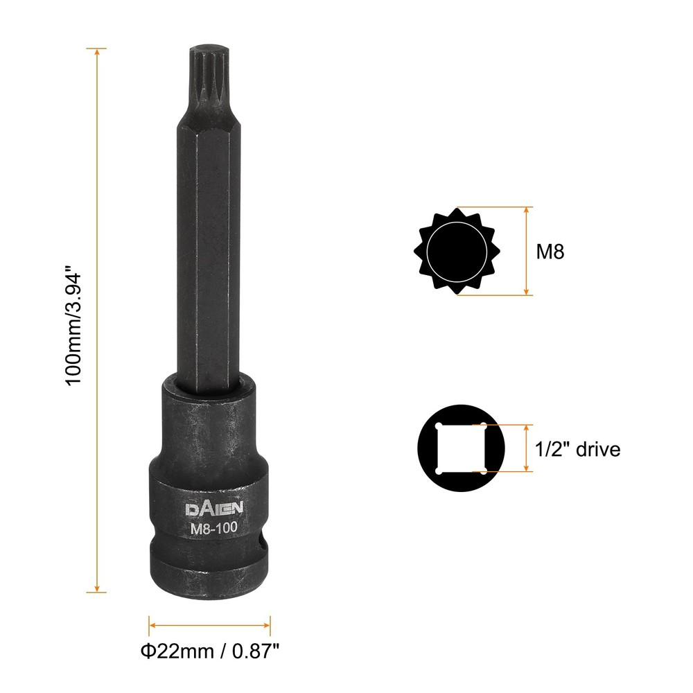 M8 12 Point Spline Bit Socket 100mm Length 1/2" Square Impact Bit, Black
