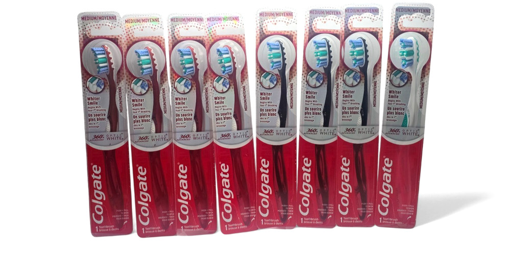 8 PACK - Colgate 360 Advanced OPTIC WHITE Medium Toothbrushes, Assorted Colors
