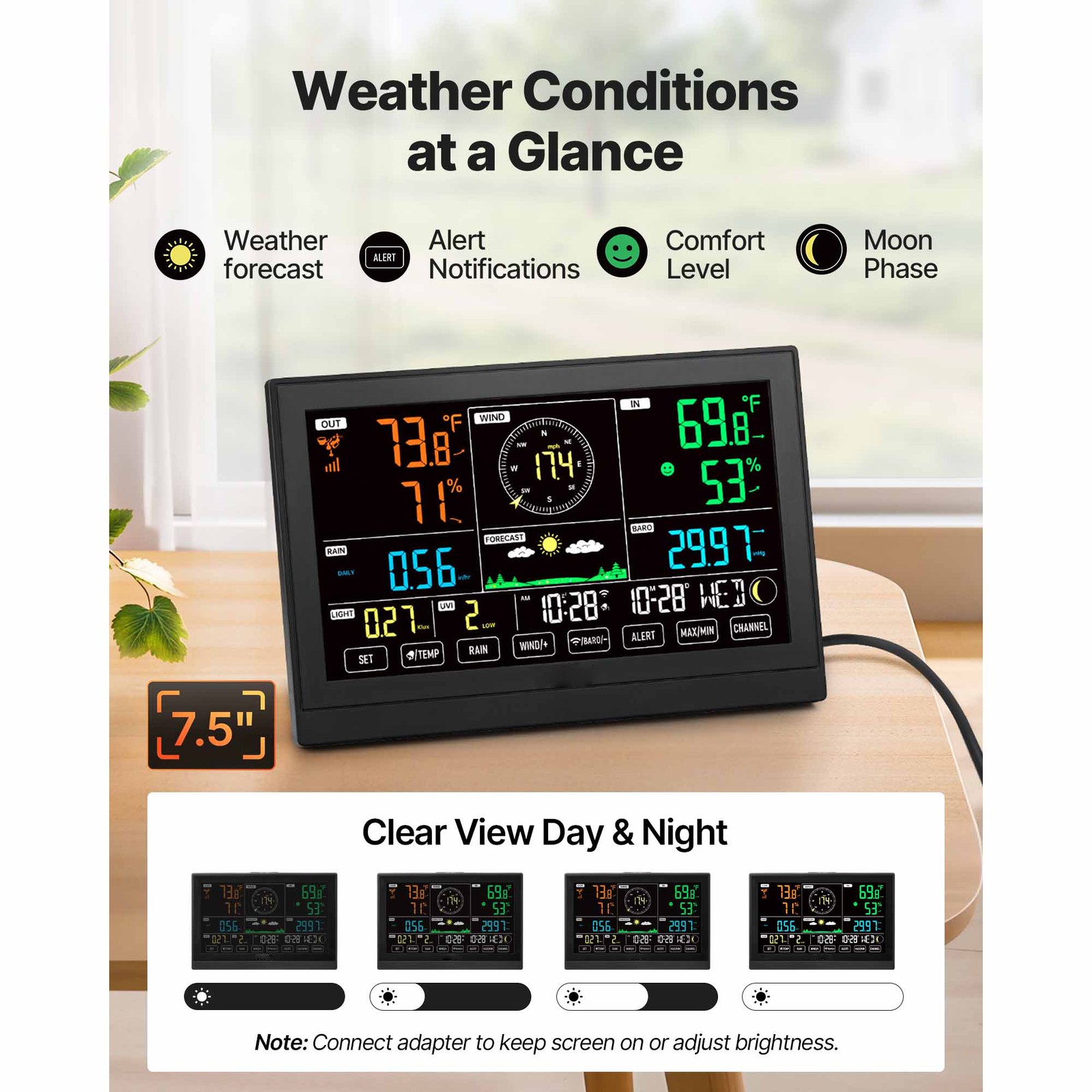 Uimoso 7-in-1 Wi-Fi Weather Station with 7.5-Inch VA Display and Wireless Sensor