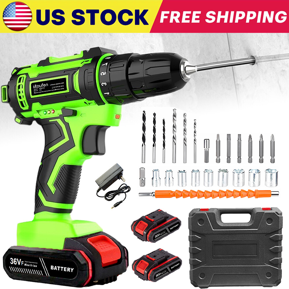 36Volt Drill 2 Speed Electric Cordless Drill / Driver with Bits Set 2 Battery A9