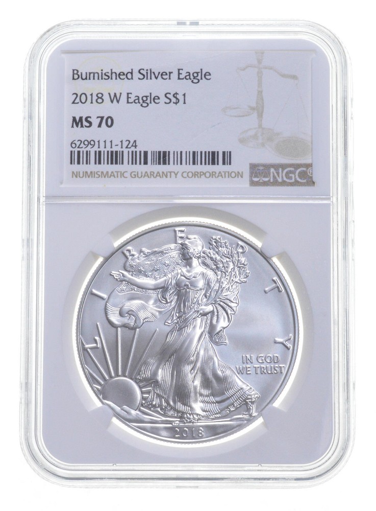 2018-W BURNISHED SILVER EAGLE MS70 NGC CLASSIC BROWN LABEL