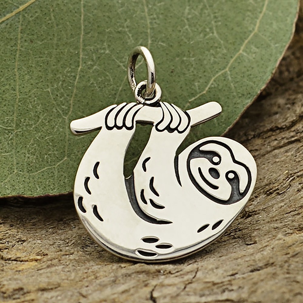 Sloth Hanging on a Tree Branch 925 Solid Sterling Silver Charm or Pendant