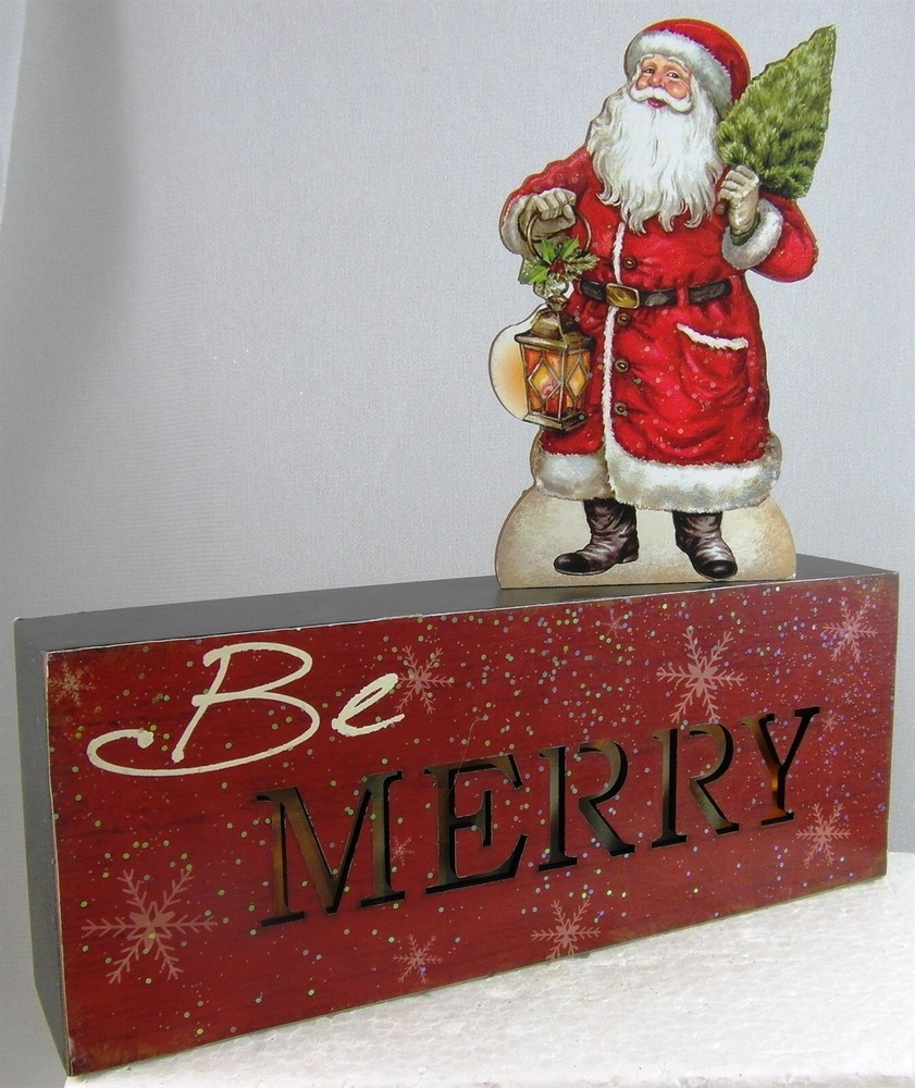 Christmas BE MERRY Santa LED Table Decor Lights Up Battery Timer 2 pc set