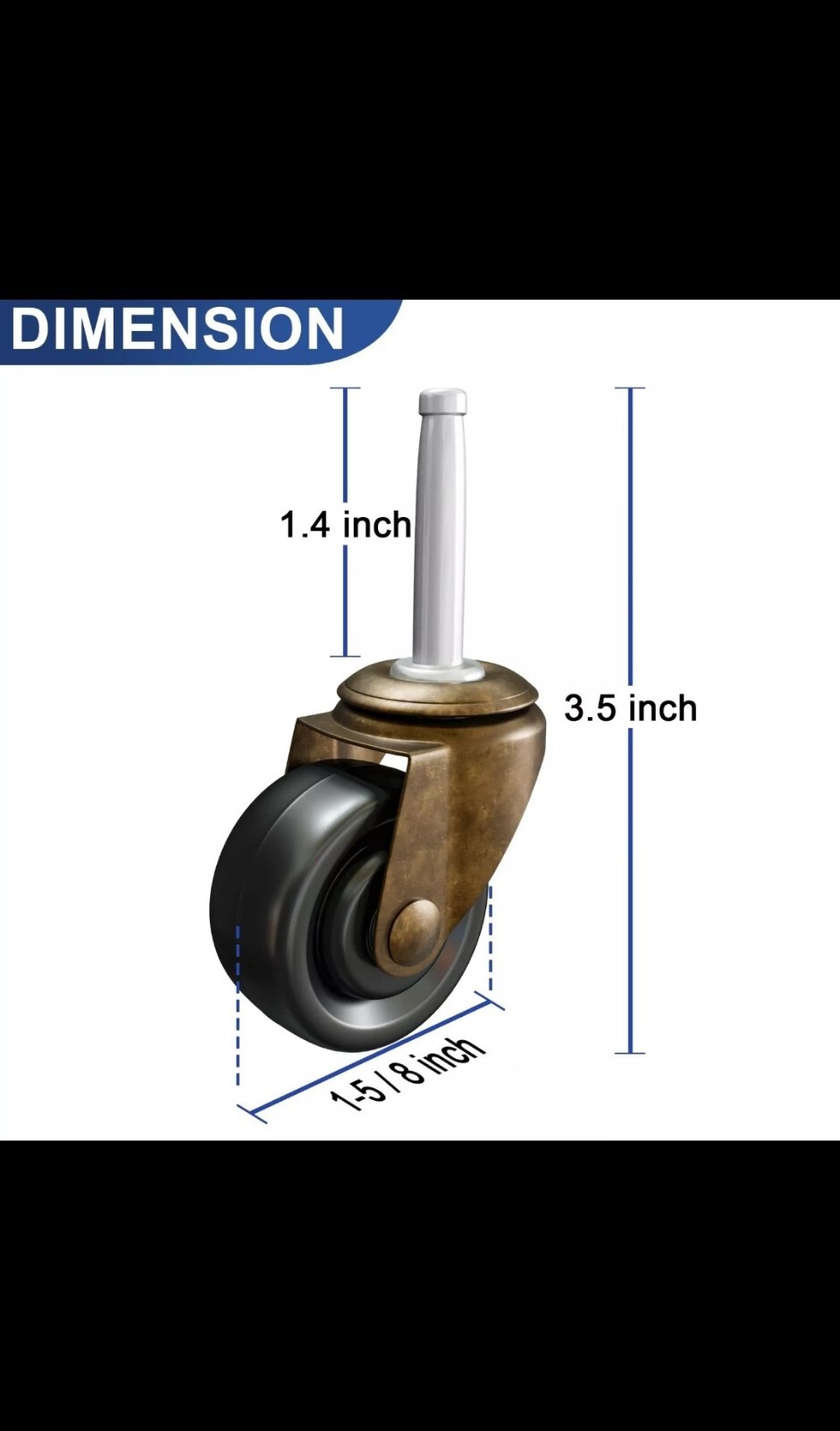 Antique Brass Casters with Vinyl Wheels 1-5/8" Stem Caster Replacement