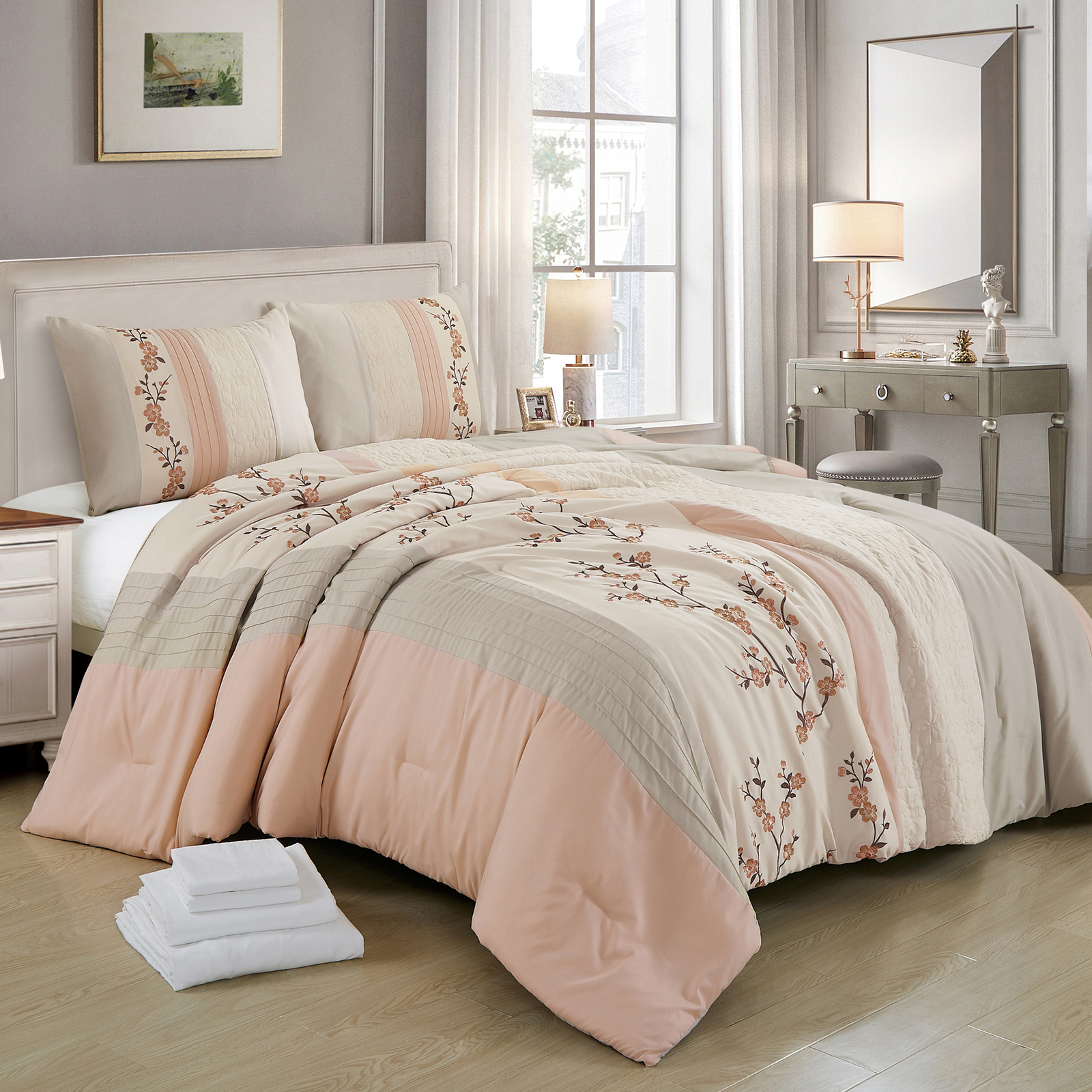 Chezmoi Collection 7-Piece Bed in a Bag Cherry Blossom Embroidery Comforter Set