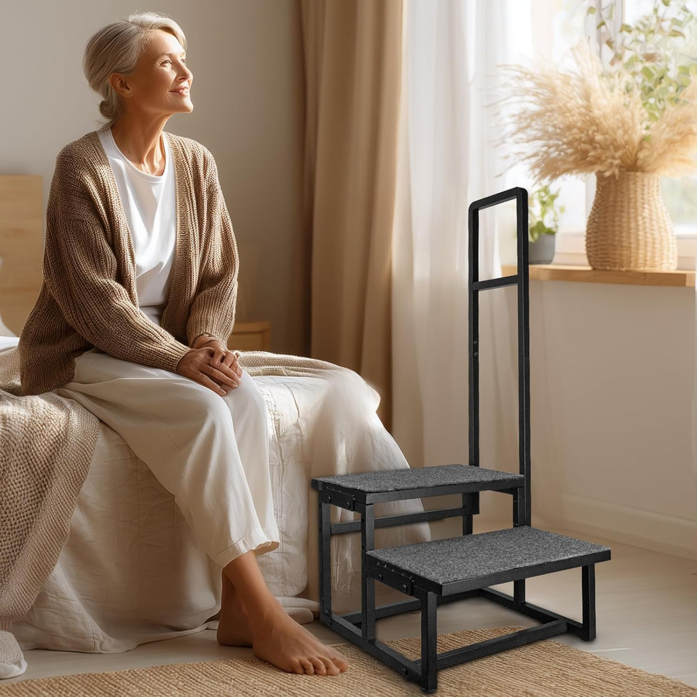 2-Step Stool with Handle for Elderly, Heavy Duty Non-Slip Step Stool for High Be