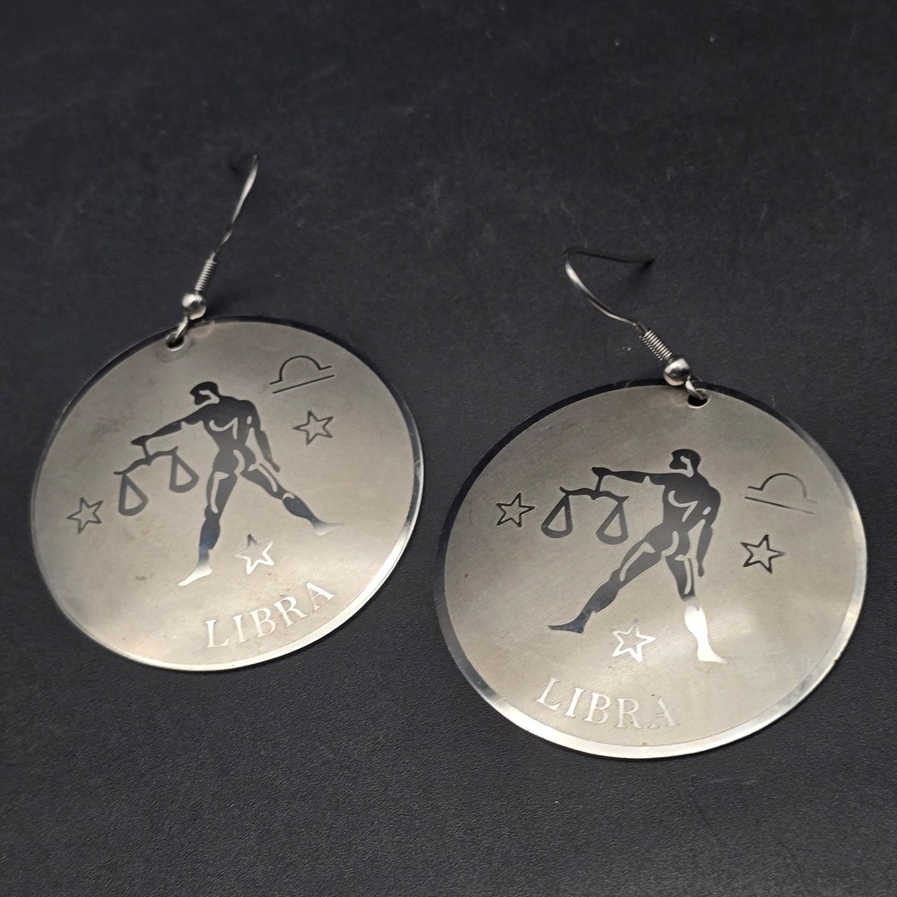Libra Zodiac Symbol Earrings Silver Tone Discs Round Dangle Drop