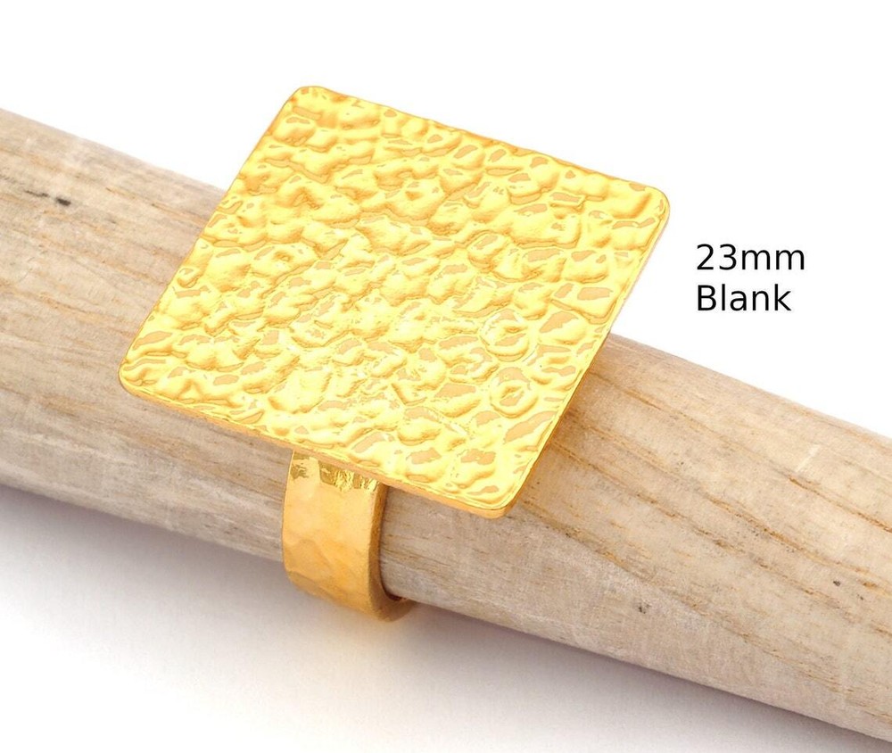 Square Hammered Adjustable Ring Blank Bezel Base - Shiny Gold Plated Brass 4934