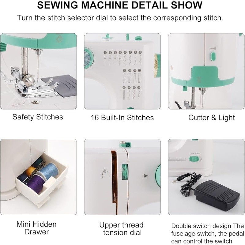 Double Needle Sewing Machine 16 Stitches Reverse LED Light Sewing Accessories US