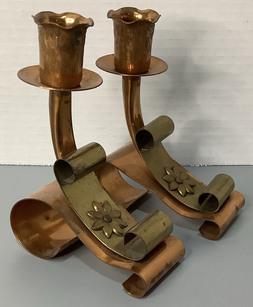 Copper Candlesticks Holders Solid With Brass Flowers Vintage