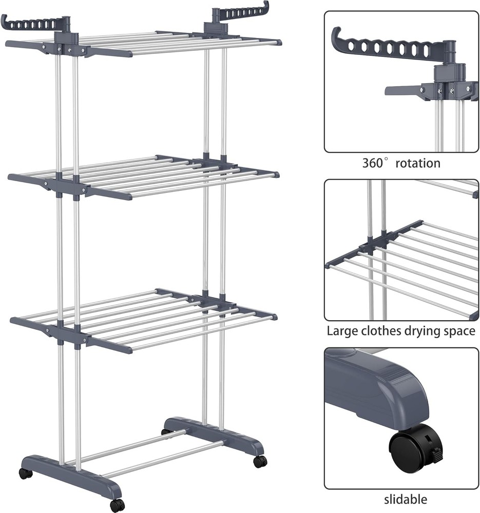 Foldable Stainless Steel Clothes Drying Rack, Movable Clothes Drying Rack