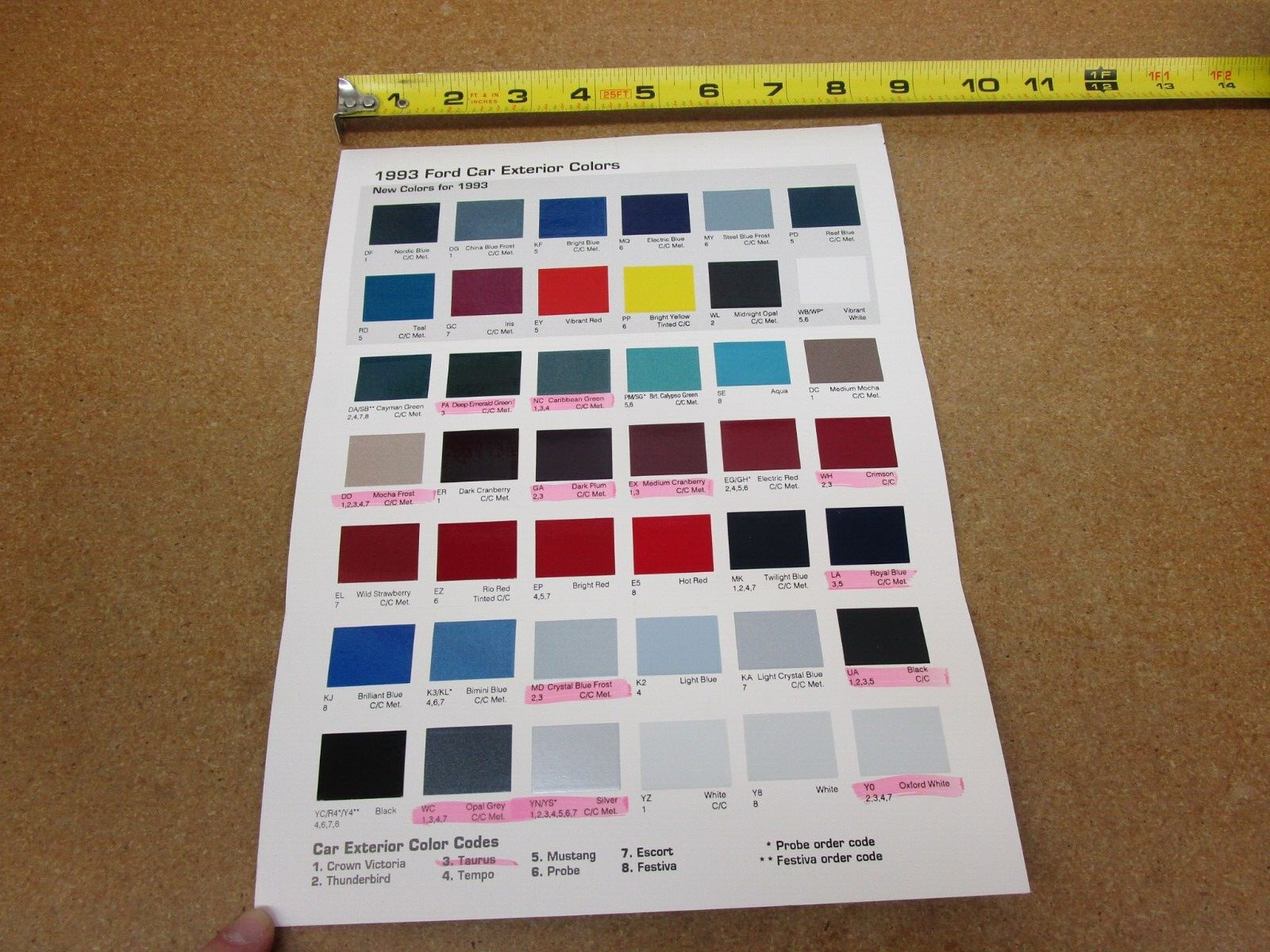 1993 Ford Car color exterior paint chip brochure Mustang Thunderbird
