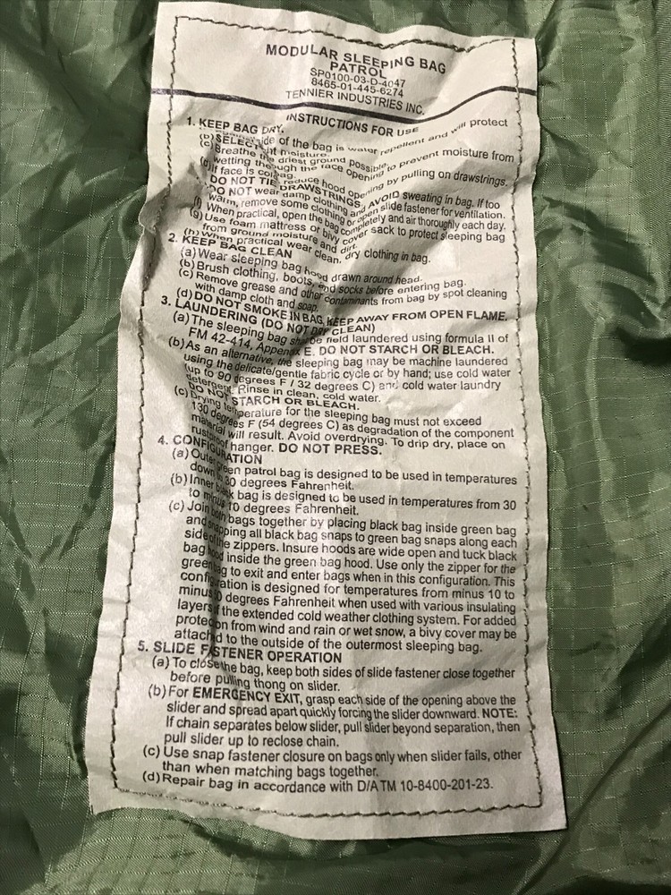 MSS Modular Sleeping Bag Patrol Tennier Industries USGI